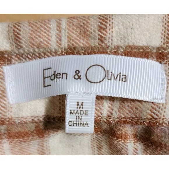 Eden & Olivia Women's Brown/Pink Plaid Flannel Size Med Button Up W/Crochet - Picture 7 of 7